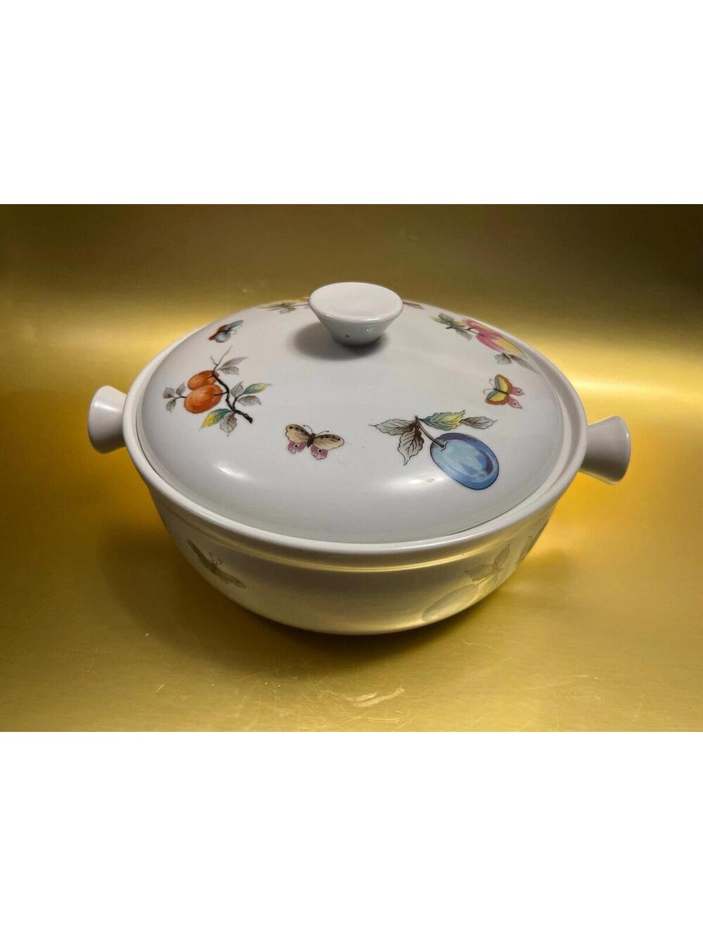 Vintage Ceramic Covered Casserole Dish with Fruit and Butterfly Motif